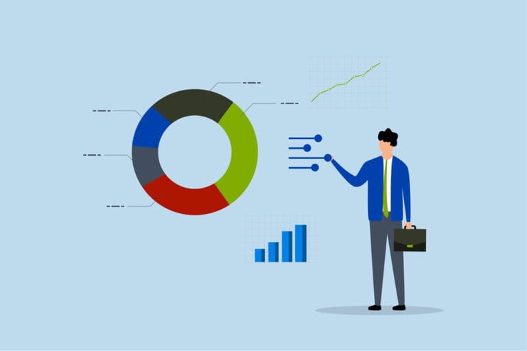 Businessman analyzing charts and graphs illustration