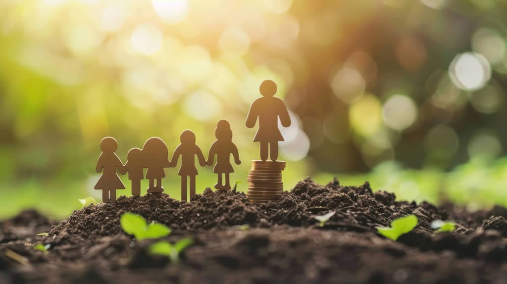 Paper people and coins on soil, growth concept