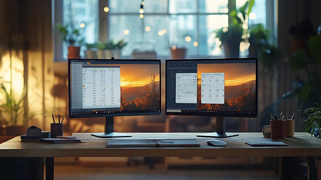 Home office with dual monitors and sunset view.