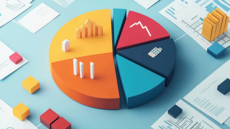 Colorful 3D pie chart with graphs on table.