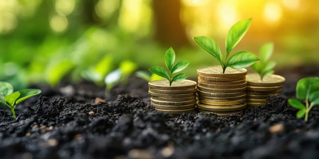 Coins stacked with plants growing in soil.