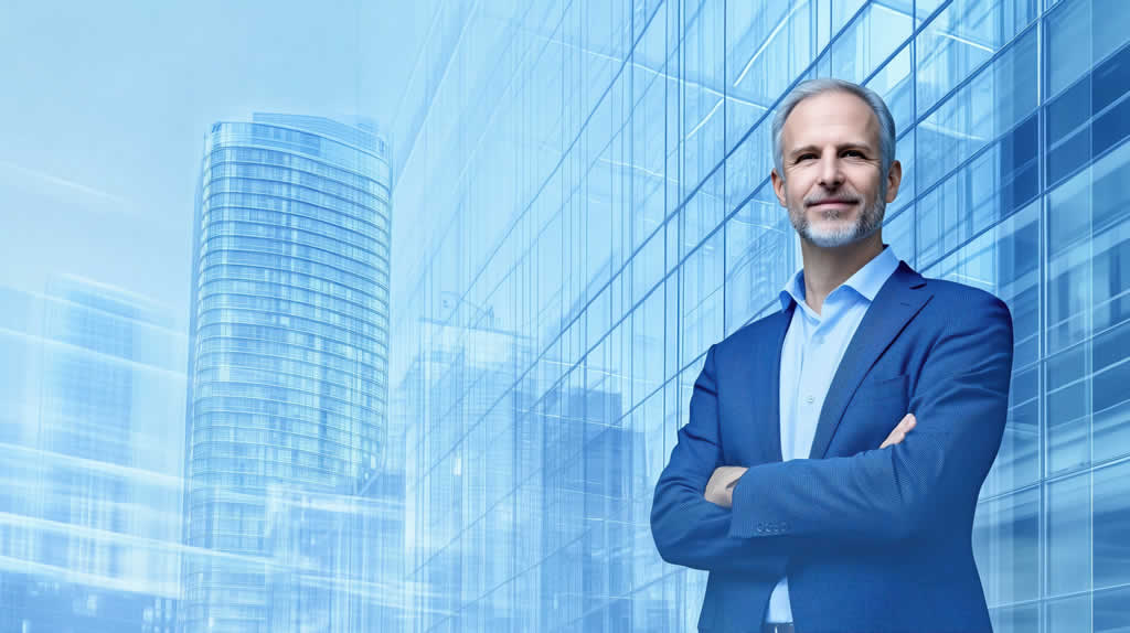 Confident businessman standing in front of modern skyscraper.