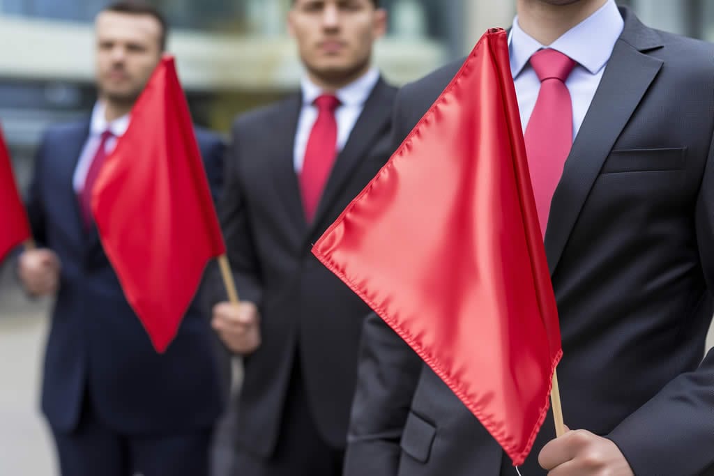 Businessmen holding red flags in suits.