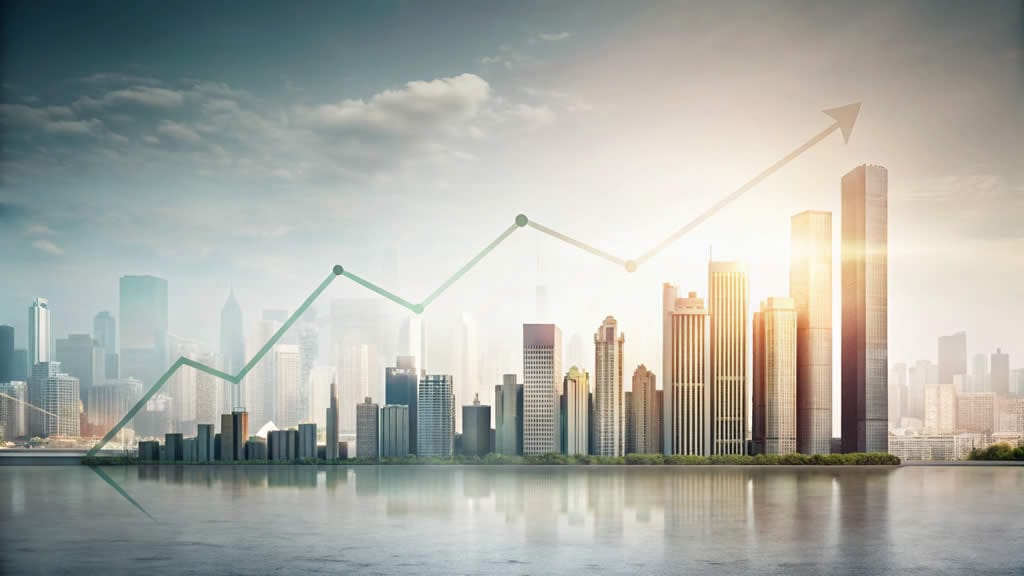 City skyline with upward graph arrow