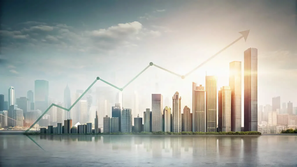 City skyline with upward graph arrow