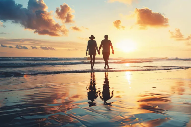 Couple walking on beach at sunset