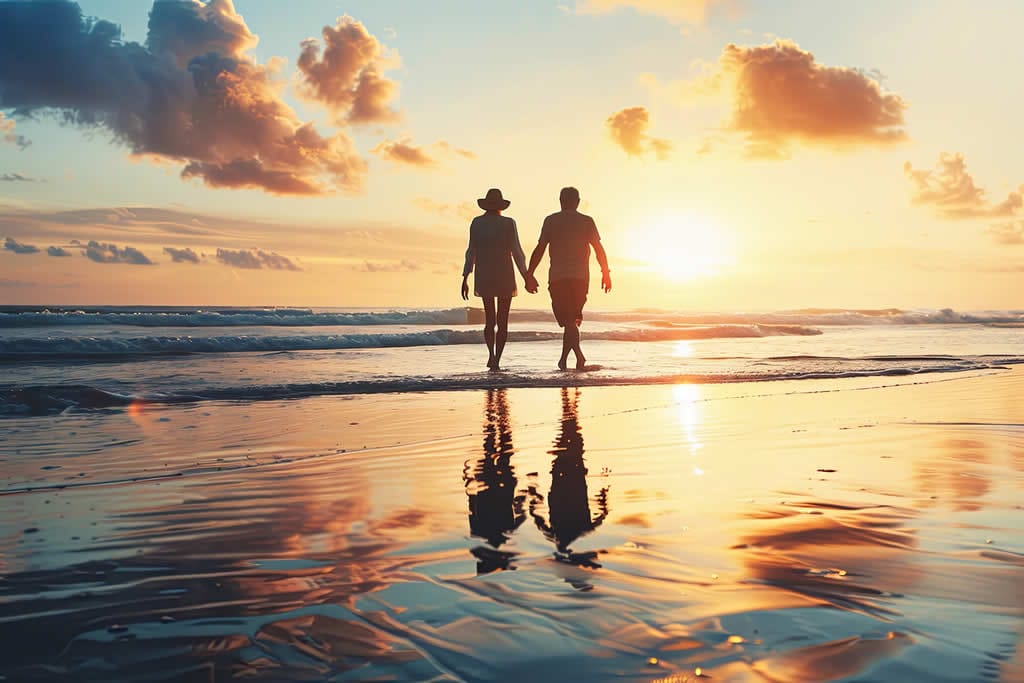 Couple walking on beach at sunset