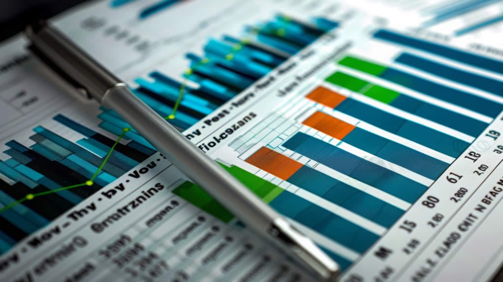 Pen resting on colorful financial charts