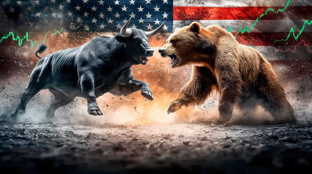 Bull and bear fighting, stock market concept