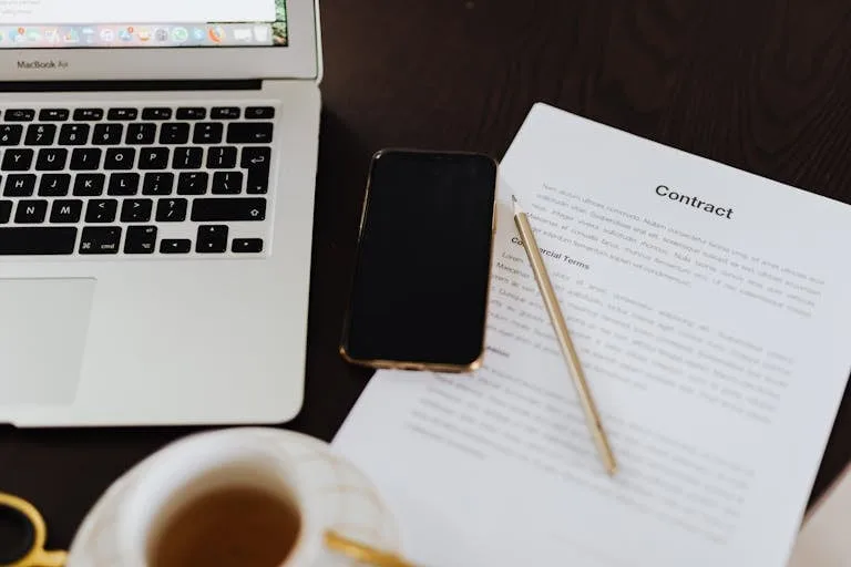 Close-up of a workspace with a contract, laptop, smartphone, and cup of tea.